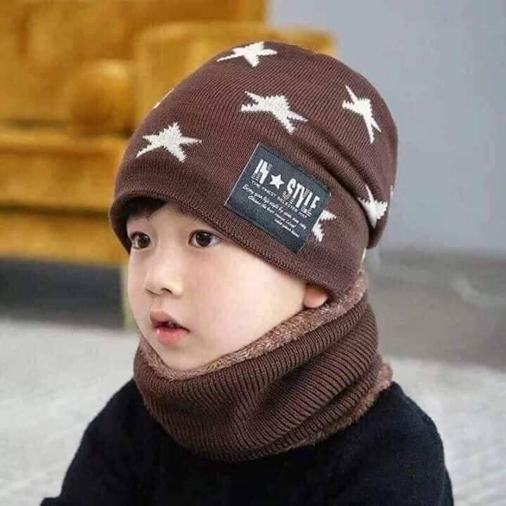 Set mũ len kèm khăn hình ngôi sao có lót lông cực ấm cho bé trai bé gái từ 5 đến 14  tuổi