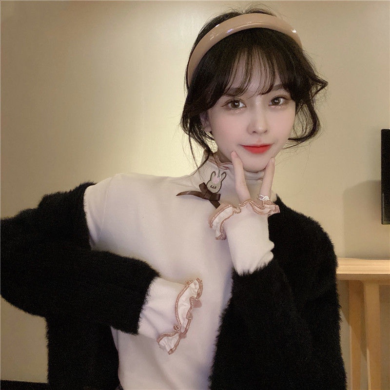 Áo Thun Tay Dài Cổ Cao Phối Lông Đính Nơ Dễ Thương Cho Nữ Sinh