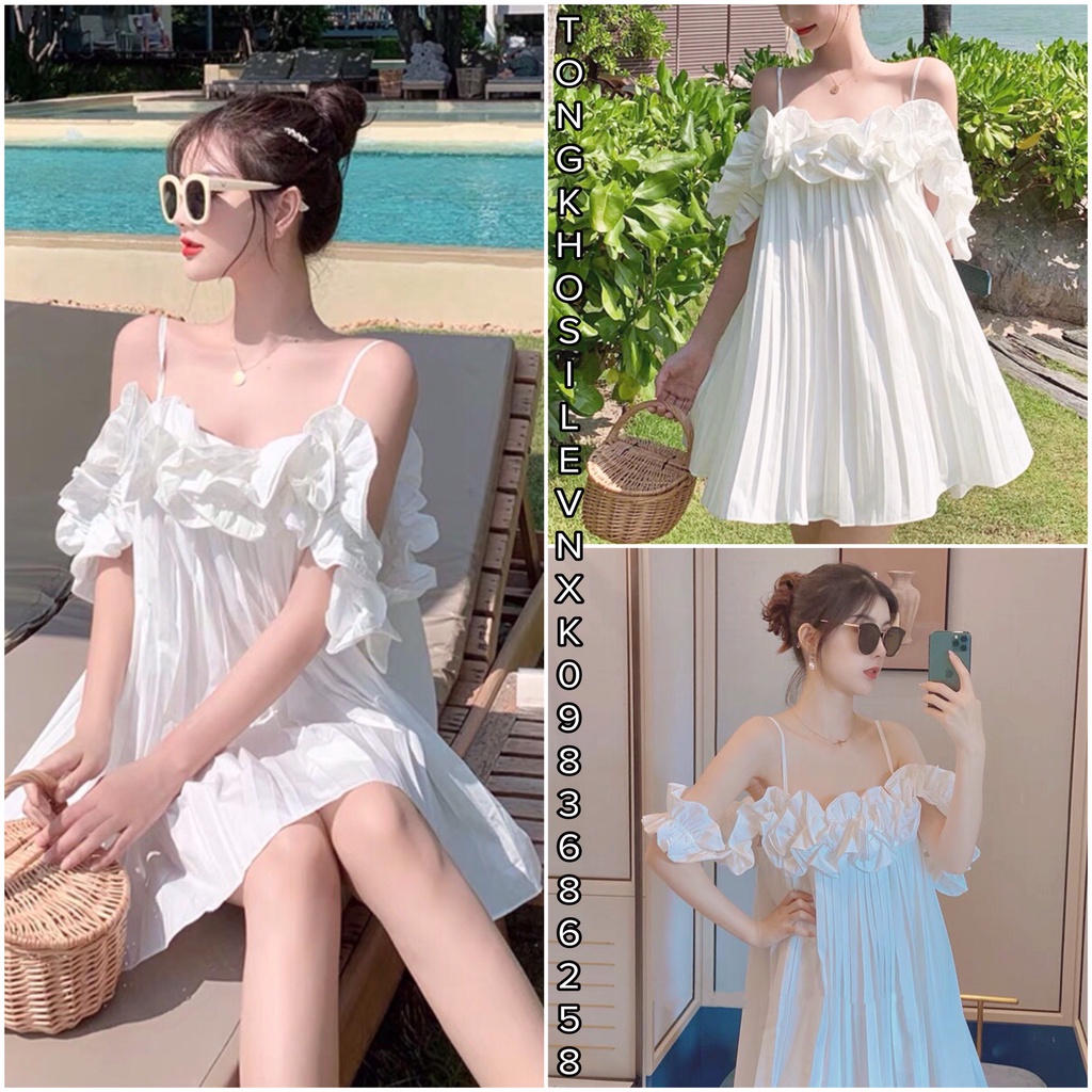 Đầm Nữ Trắng Trễ Vai Phối Bèo Dập Ly - Váy Nữ 2 Dây Dáng Xoè Xếp Li Tiểu Thư Ulzzang