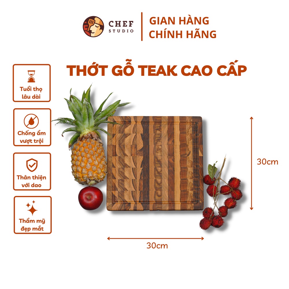 Thớt gỗ Teak Chef Studio cao cấp hình vuông dày 2.5 cm, đa dụng, an toàn cho sức khỏe