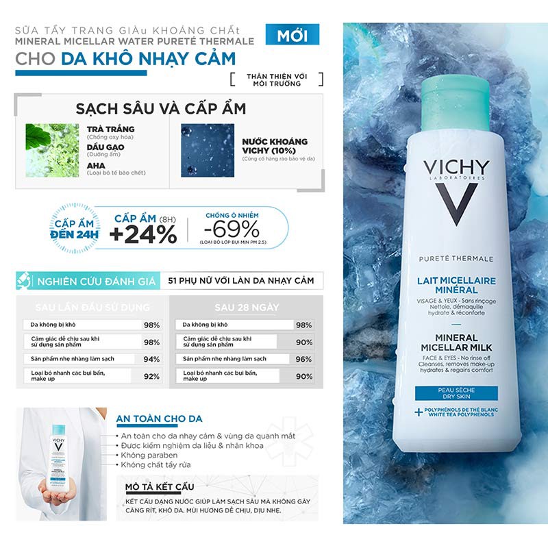 Vichy - Sữa Tẩy Trang Vichy Giàu Khoáng Cho Da Khô Nhạy Cảm 200ml Pureté Thermale Mineral Micellar Milk For Dry Skin