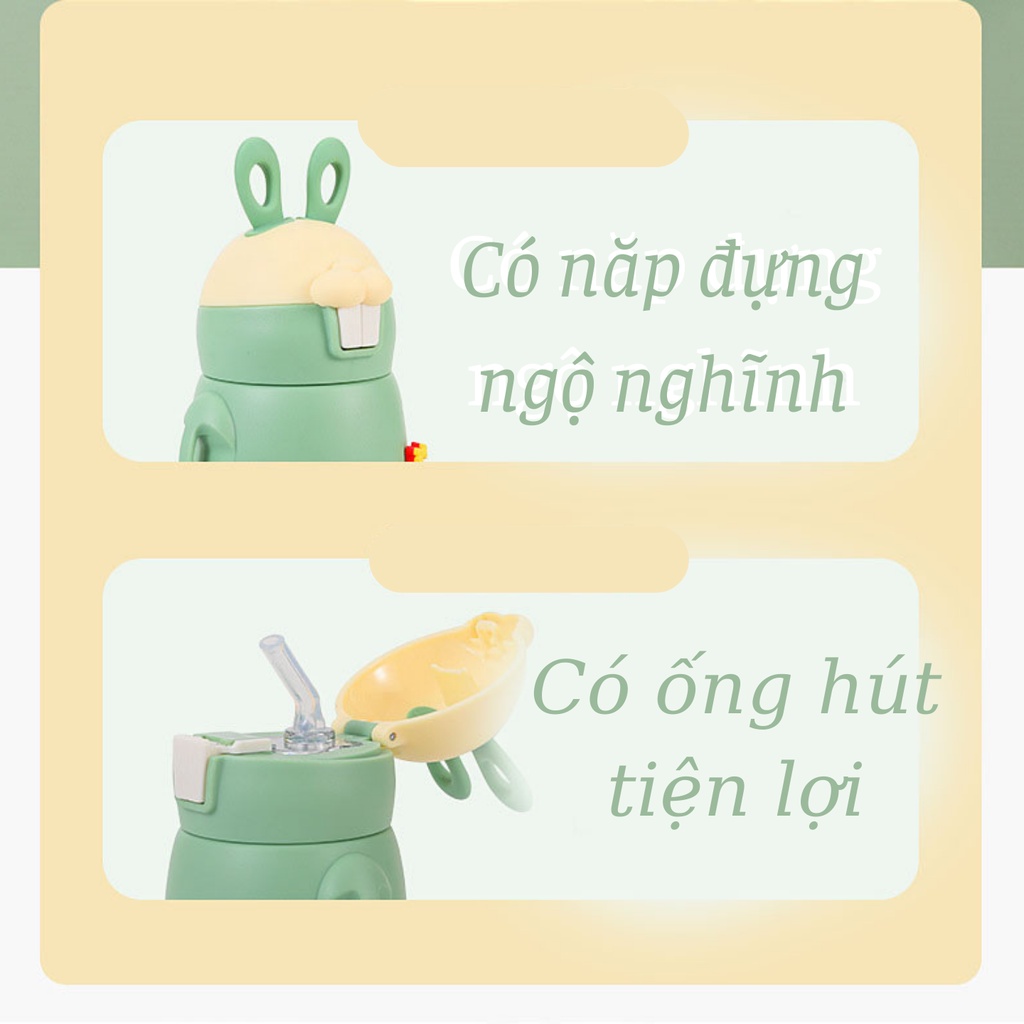 Bình đựng nước cho bé 600ml inox có dây đeo kèm sticker đáng yêu mang nước pha sữa cho bé an toàn.Bibyshop