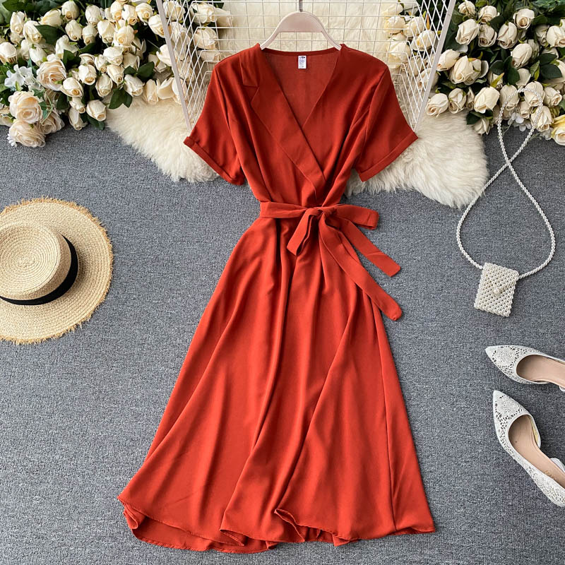 Women Casual Niche Irregular Suit Collar Design Dresses Lace Up Waist Slim Over-the-knee Midi Dress