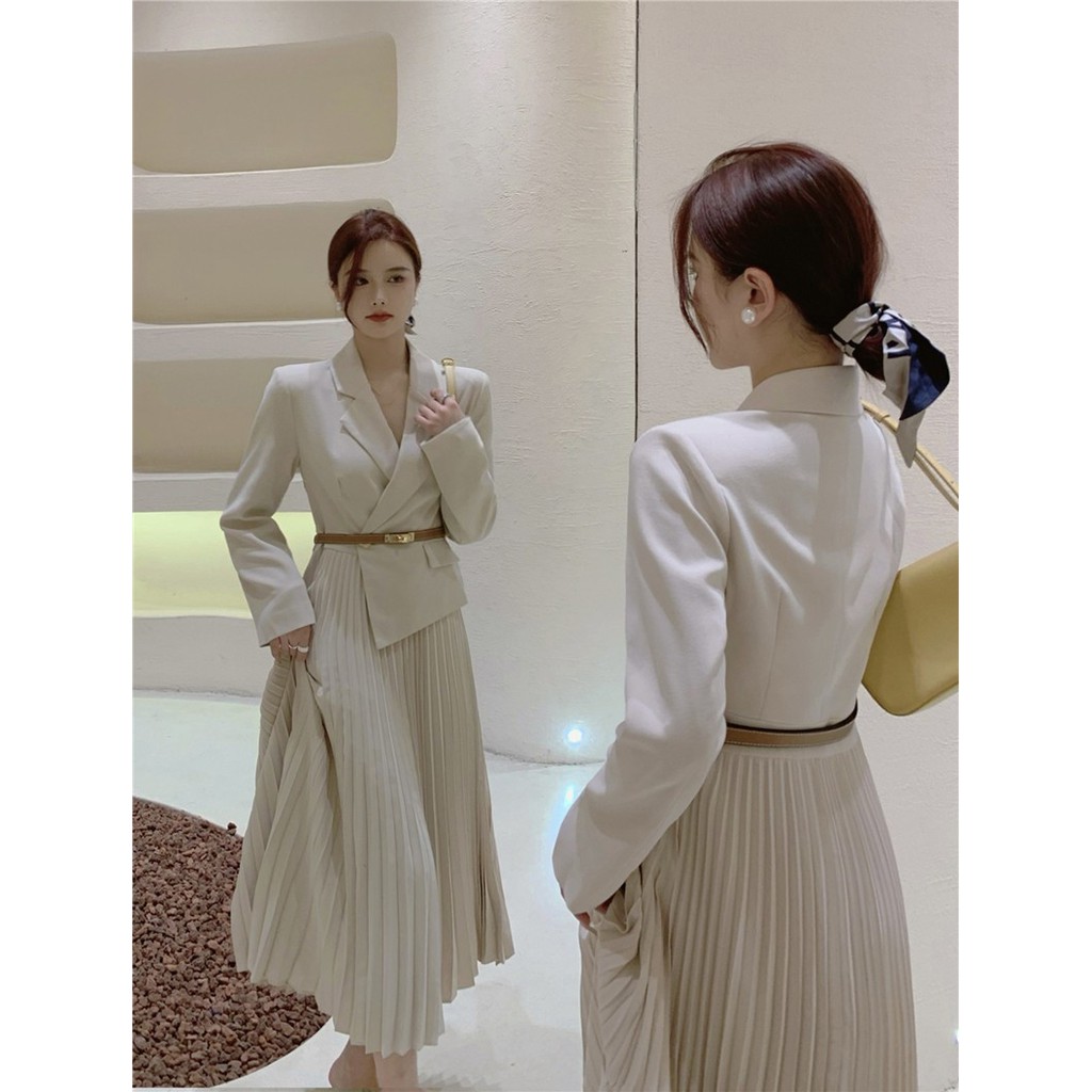 (Hàng Đẹp)Ảnh thật 5 hình cuối-2W296.Đầm retro cổ vest xếp li thanh lịch Hàn Quốc