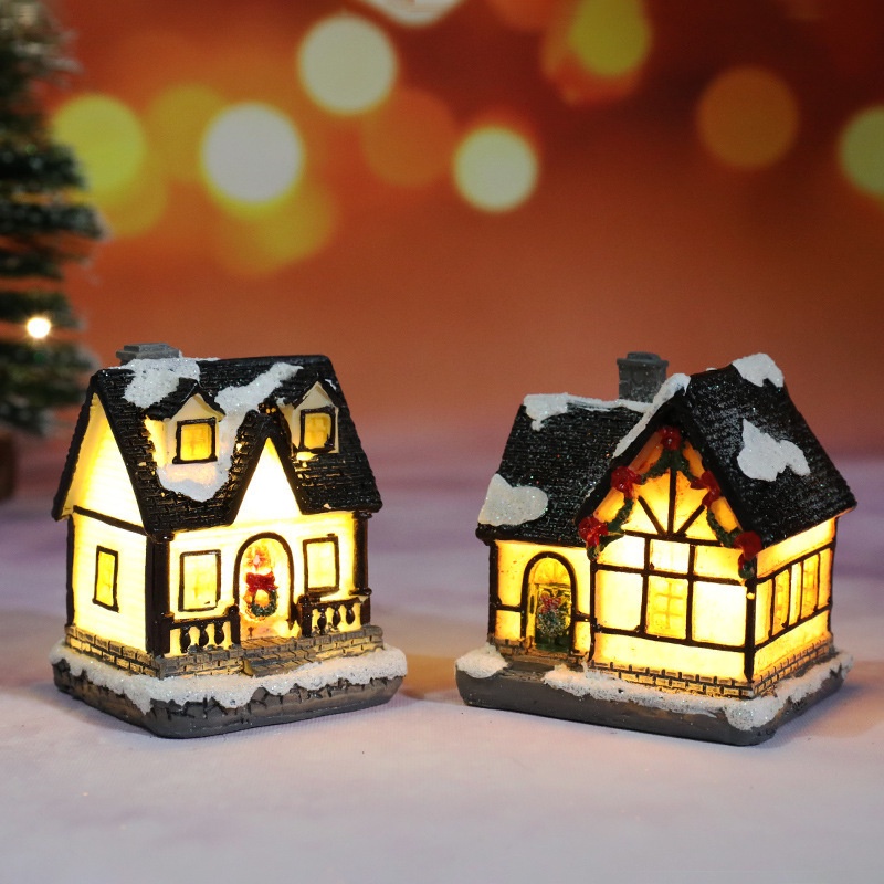 Ngôi nhà tiểu cảnh bằng nhựa resin có đèn LED phát sáng dùng trang trí nhà cửa dịp Giáng Sinh