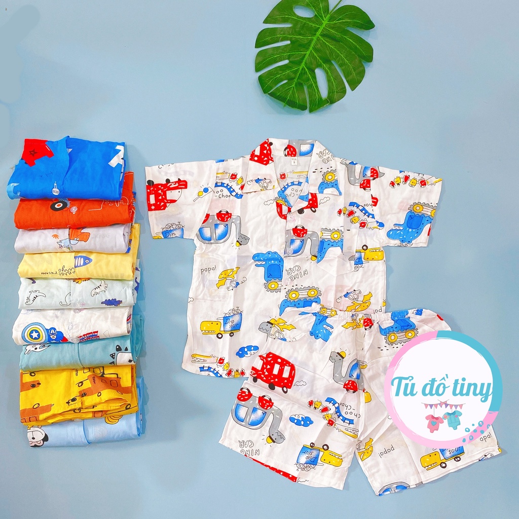 (SIZE 3) Bộ tole lanh (tôn) lanh lụa  mặc nhà bé trai tay ngắn QUẦN ĐÙI kiểu PIJAMA 7-10 kg, bộ bé trai mặc hè, mát mẻ.