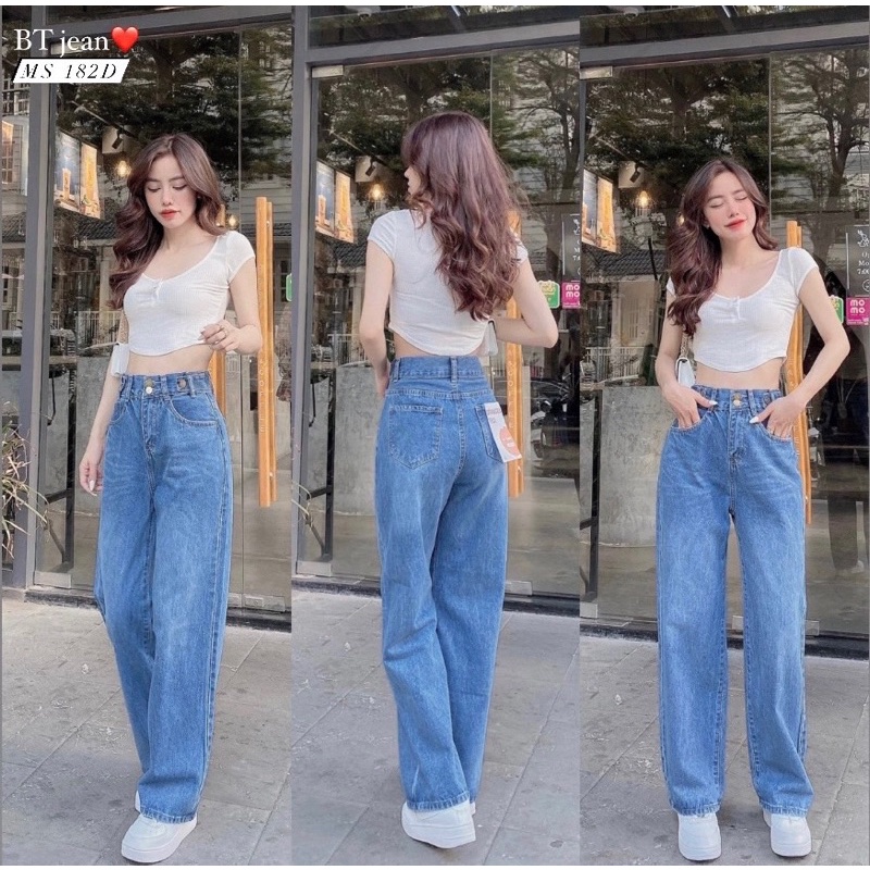Quần jean nữ ống rộng cạp cao có kiểu lưng MS 182