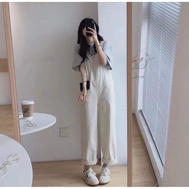 Bộ đồ nữ Set yếm Kaki áo thun ngắn tay cổ tròn Set Quần yếm ống suông dễ thương Freesize kèm áo thun