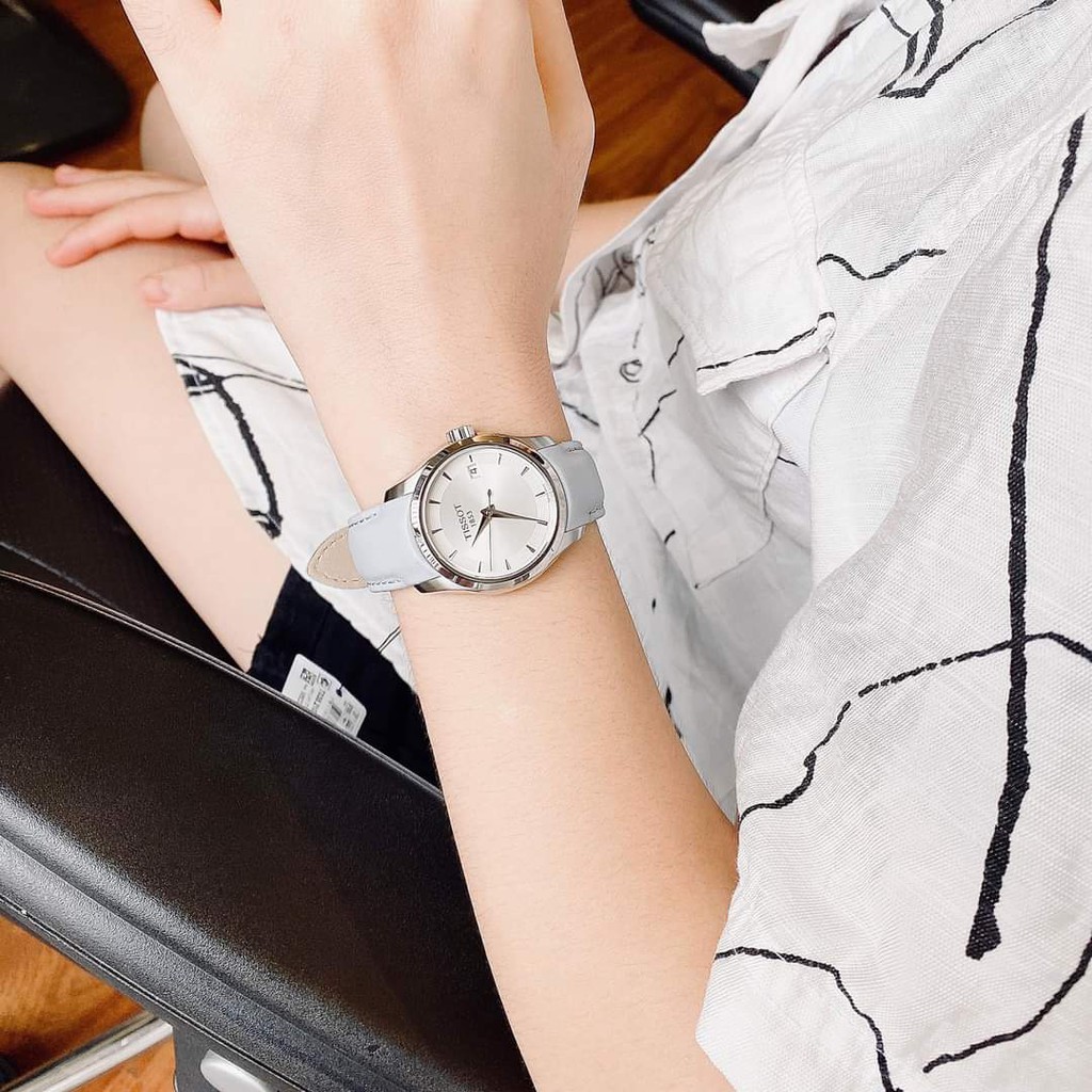 Đồng hồ Nữ chính hãng Tissot 1853 Couturier T035.210.16.031.02 Size 32,Mặt trắng,Lịch ngày-Máy Pin Quartz-Dây da xanh