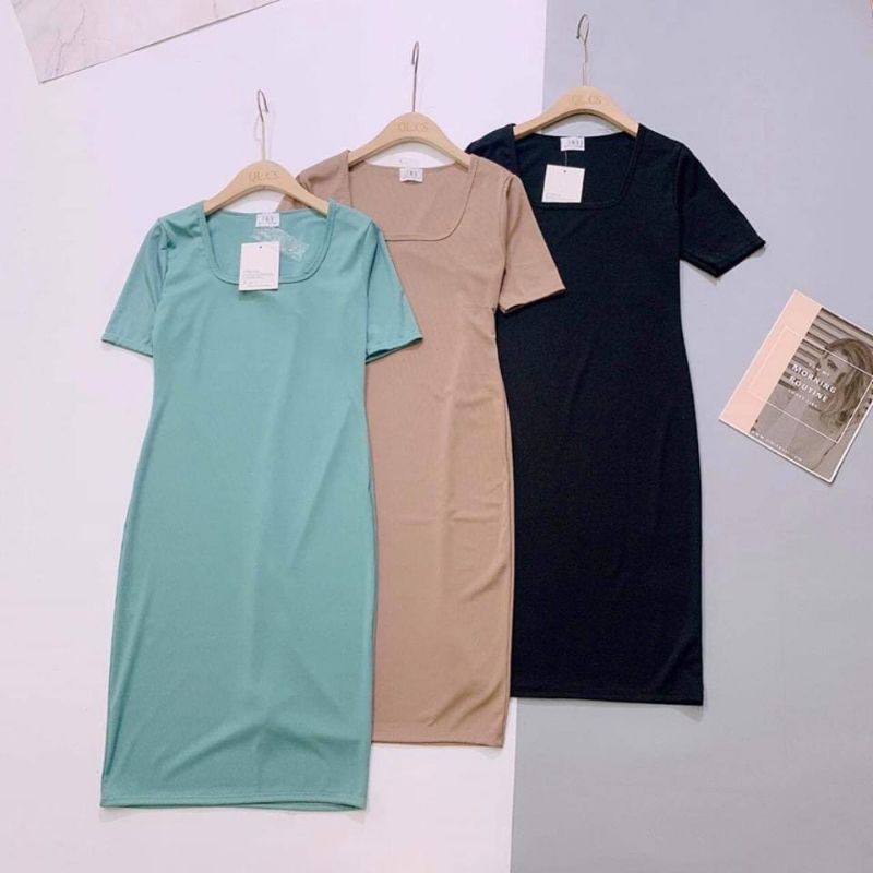 [SALE THANH LÝ] Đầm midi body thun cotton J&Y cổ vuông tay ngắn Hàn Quốc màu đen