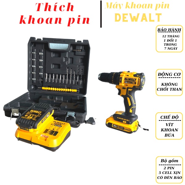 Máy khoan pin DEWALT, khoan pin không chổi than, máy khoan cầm tay kèm 24 phụ kiện, bảo hành 12 tháng, hàng loại 1
