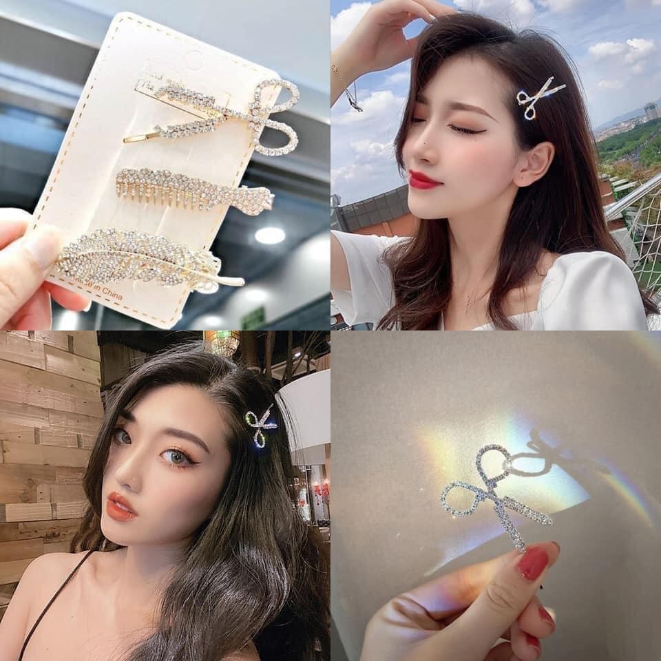 ❤️FreeShip❤️Set 3 Kẹp Tóc Đính Đá Kéo + Lược + Lông Vũ Siêu Sang Chảnh