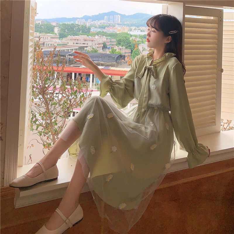 Váy thanh lịch tiểu thư dài tay thiết kế khâu lưới tươi mát ngọt ngào phong cách hàn quốc xuân thu Đầm nữ