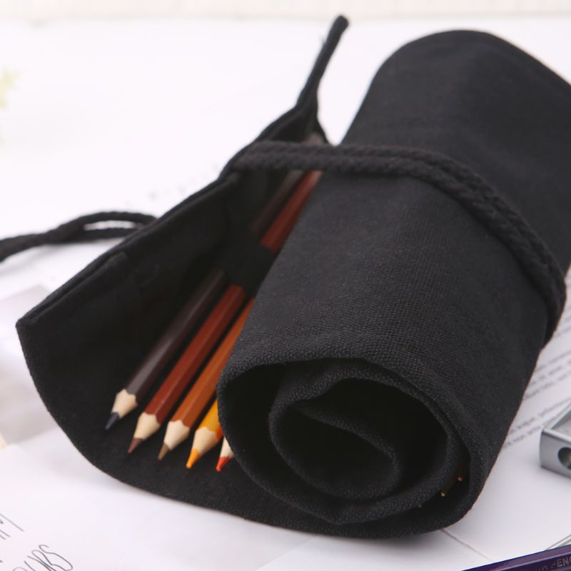 Túi Đựng Bút Chì 12 24 36 48 72 Lỗ Bằng Vải Canvas Màu Đen