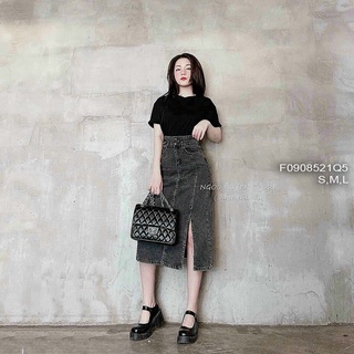 Chân váy jean dài xẻ tà trước lưng cao