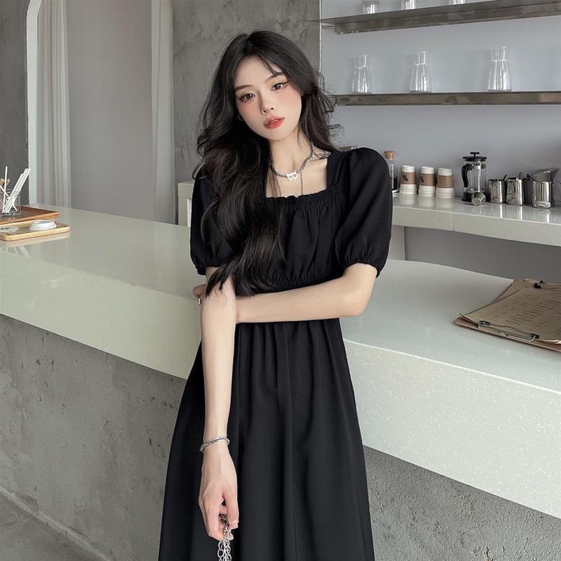 Đầm dáng dài tay phồng cổ vuông bó eo thời trang mùa hè phong cách Pháp cổ đIển