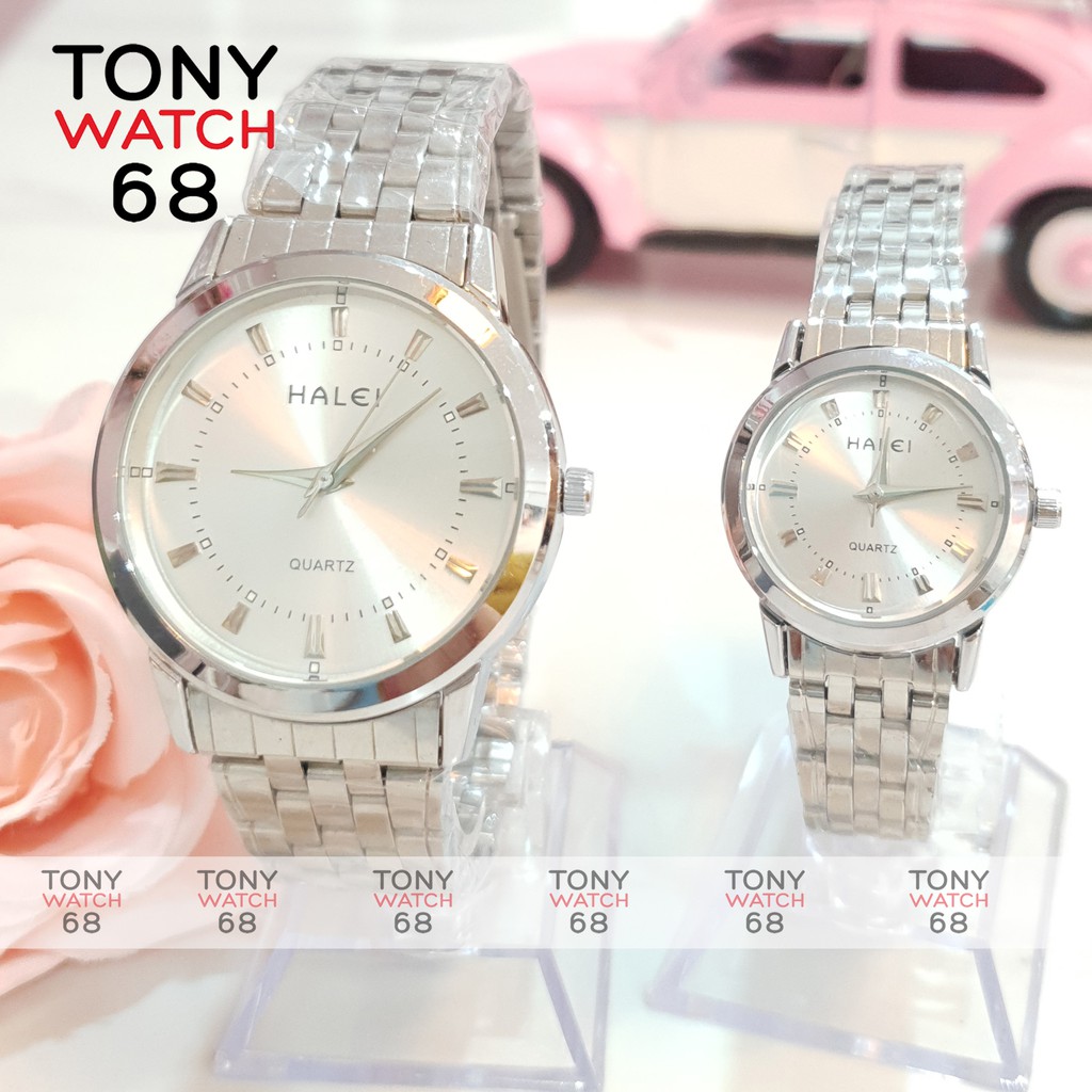 Đồng hồ cặp đôi nam nữ Halei mặt đen dây da kim loại chính hãng Tony Watch 68