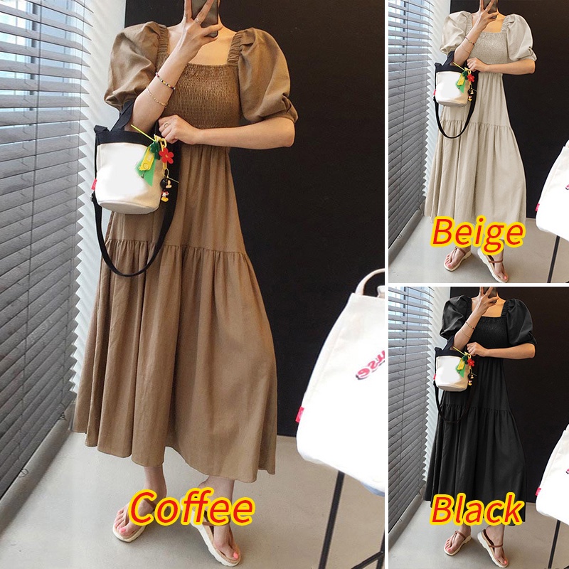 Đầm maxi ZANZEA tay ngắn ống phồng dáng rộng cổ vuông phối viền xếp nếp thanh lịch cho nữ