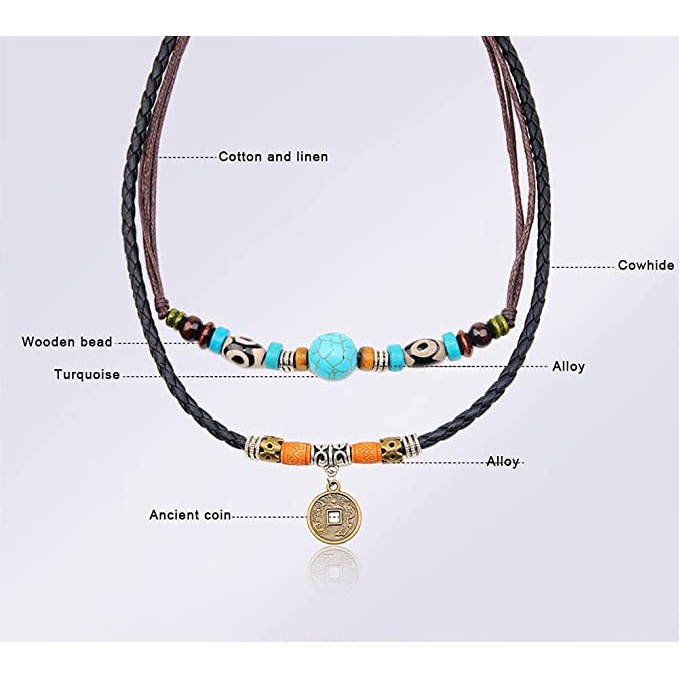 Vòng cổ hai lớp bằng da mặt đồng xu hợp kim phối hạt màu ngọc lam phong cách dân tộc đơn giản cổ điển cho nam và nữ
