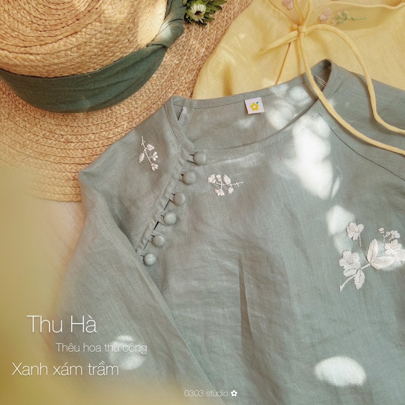 Thu Hà thêu hoa - phiên bản màu lạ - áo dài cổ tròn linen thêu - 0303 studio