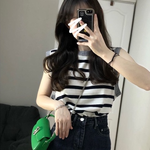 Áo thun ZHELIHANGFEI vải dệt kim không tay dáng rộng kẻ sọc ngang cá tính