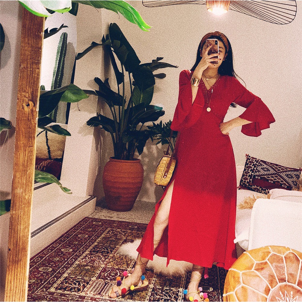 Váy voan đỏ xẻ tà tay chuông - MS059 (Có ảnh thật) | BigBuy360 - bigbuy360.vn