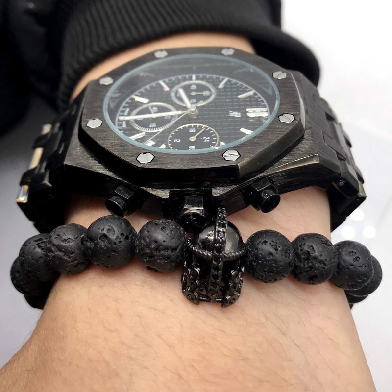 Vòng Tay Chuỗi Hạt Đá Núi Lửa Đen Mặt Hình Chiến Binh Sparta Roman Cổ Điển Cho Nam