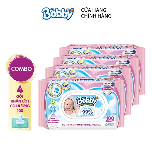 Combo 4 gói khăn ướt Bobby Care có hương 100 tờ