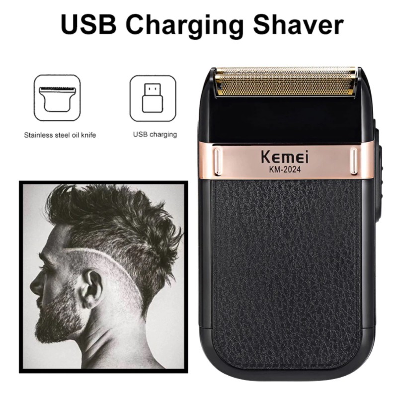 Máy Cạo Râu Tông Đơ Lưỡi Cắt Kép KEMEI KM-2024 SẠC USB Thông Minh có tặng 1 đầu THAY THẾ - BẢO HÀNH 12 THÁNG