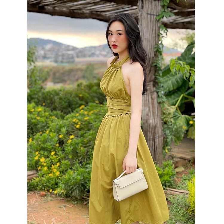 Đầm thô cổ yếm hở lưng Váy chiết eo phối viền hàng loại 1 | BigBuy360 - bigbuy360.vn