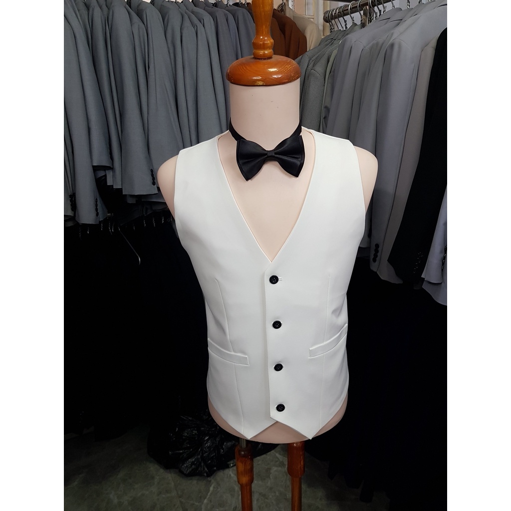 Áo gile nam form ôm body màu trắng tặng nơ đen