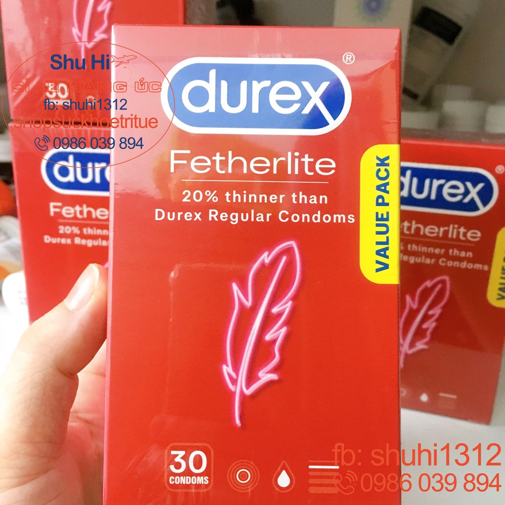 (Mẫu mới) Bao cao su siêu mỏng Durex Fetherlite Ultra Thin Feel Condoms Extra Sensitive Úc - Hộp 30 chiếc - đủ bill