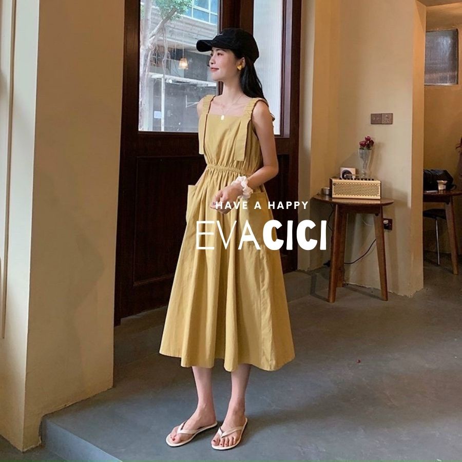 Váy 2 dây bản chun to , dáng dài, túi vuông basic, chun lưng, vải đũi trơn mát mẻ