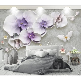 Tranh dán tường 3D Hoa lan - VẢI LỤA  phủ kim sa (kích thước theo yêu cầu)