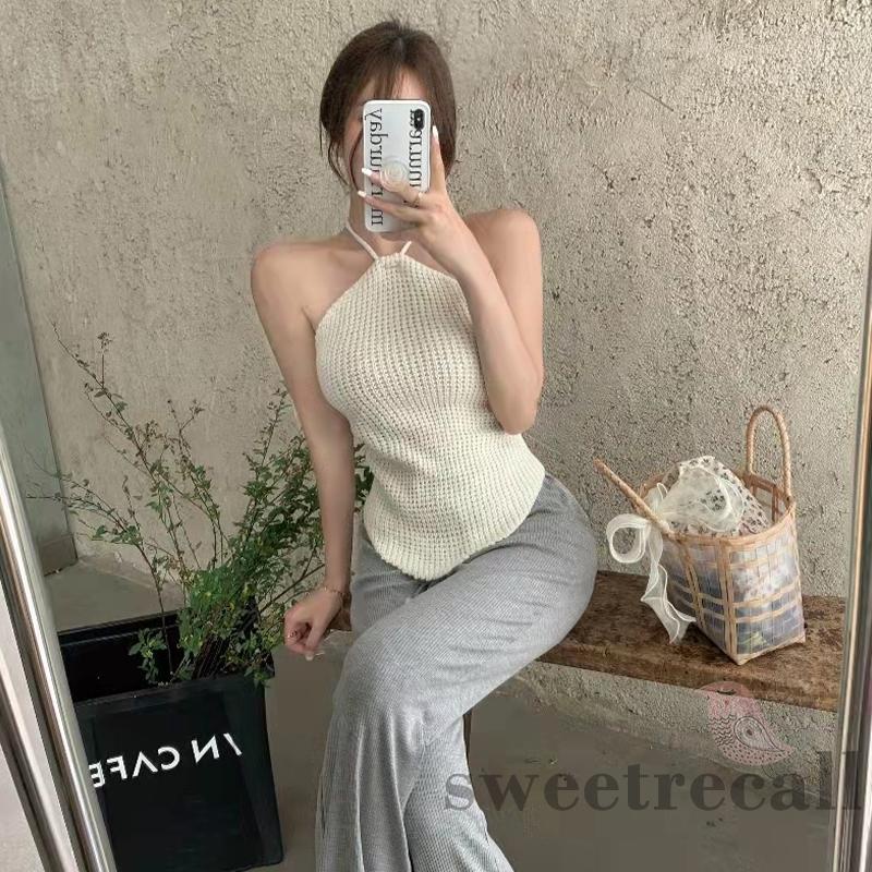 Áo Tank Top Hai Dây Dệt Kim Màu Sắc Trơn Thời Trang Mùa Hè Cho Nữ