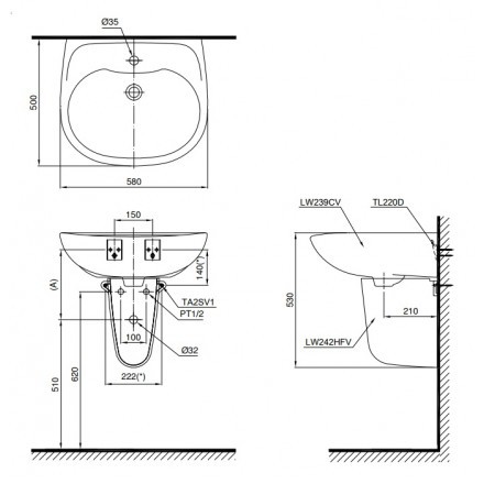 Lavabo TOTO LHT239CR Treo Tường Chân Ngắn