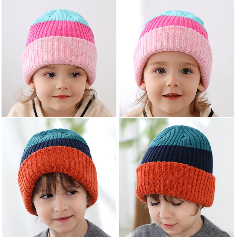 Mũ Len Beanie Mềm Mại Họa Tiết Kẻ Sọc Nhiều Màu Sắc Giữ Ấm Mùa Đông Cho Bé