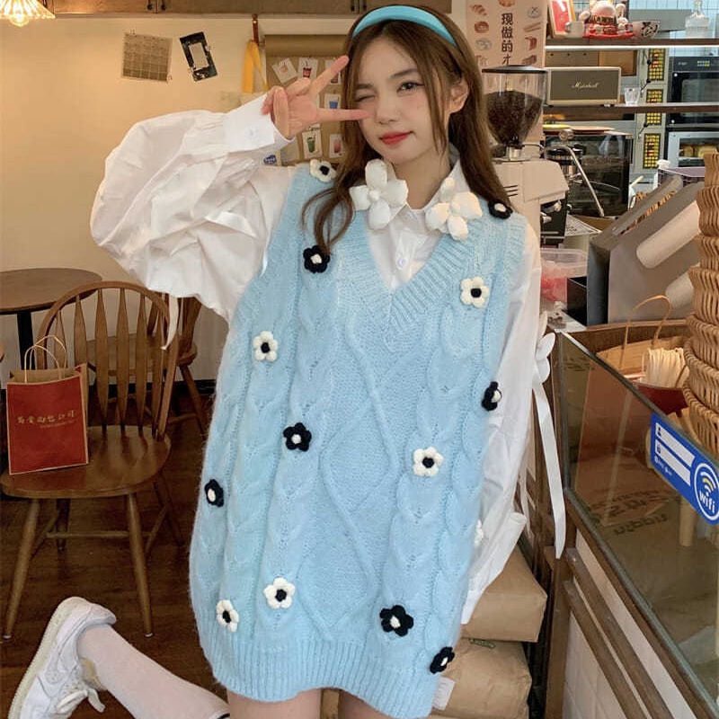 Áo khoác vest dệt kim cổ chữ V thêu hoa thời trang Nhật Bản dễ thương | BigBuy360 - bigbuy360.vn