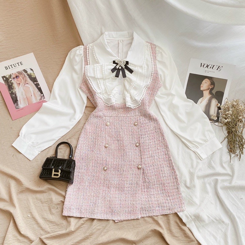 ĐẦM CARO NÚT NGỌC PHỐI CỔ BÈO REN TRẮNG (KÈM TAG HOA) | BigBuy360 - bigbuy360.vn