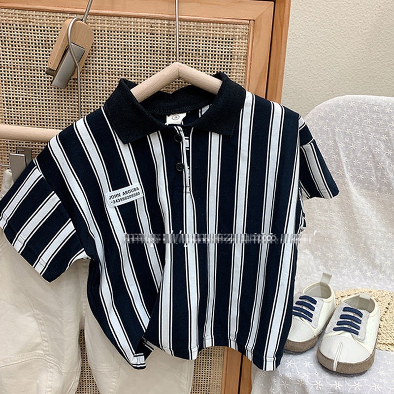 Áo Sơ Mi Polo Ngắn Tay Họa Tiết Sọc Dọc Phong Cách Hàn Quốc Mẫu Mới Thời Trang Mùa Hè Cho Bé Trai