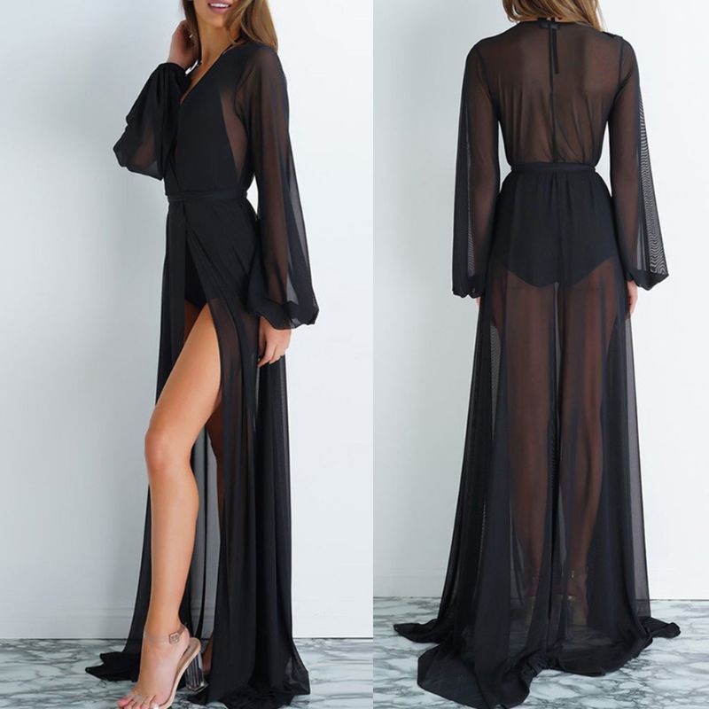 Xiangbao Đồ Bơi Dạng Lưới Mỏng Tay Phồng Dài Buộc Eo Màu Trơn Chống Nắng Đi Biển Cho Nữ