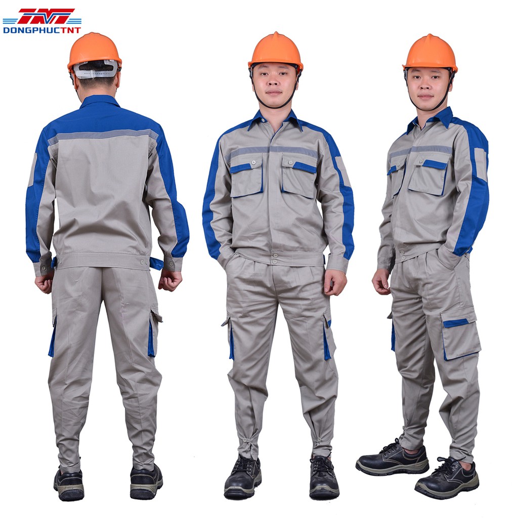 Quần áo bảo hộ lao động, quần áo túi hộp, Ghi Phối Xanh, Vải kaki Hàn Quốc, không sù lông, không phai mầu, Hàng may kỹ