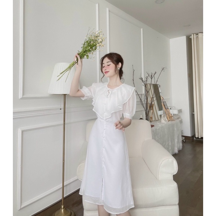 Đầm tiểu thư voan tơ nhẹ nhàng, bánh bèo, nữ tính cổ bèo may 2 lớp