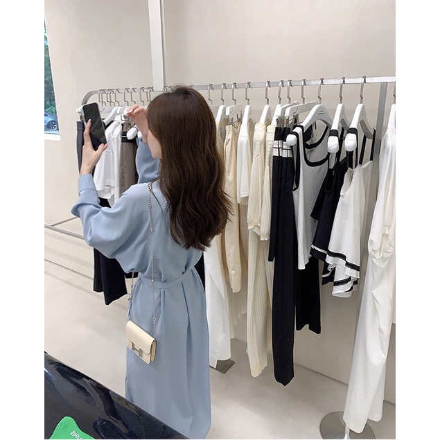 Váy đầm sơ mi nữ suông dáng dài kèm dây thắt đai