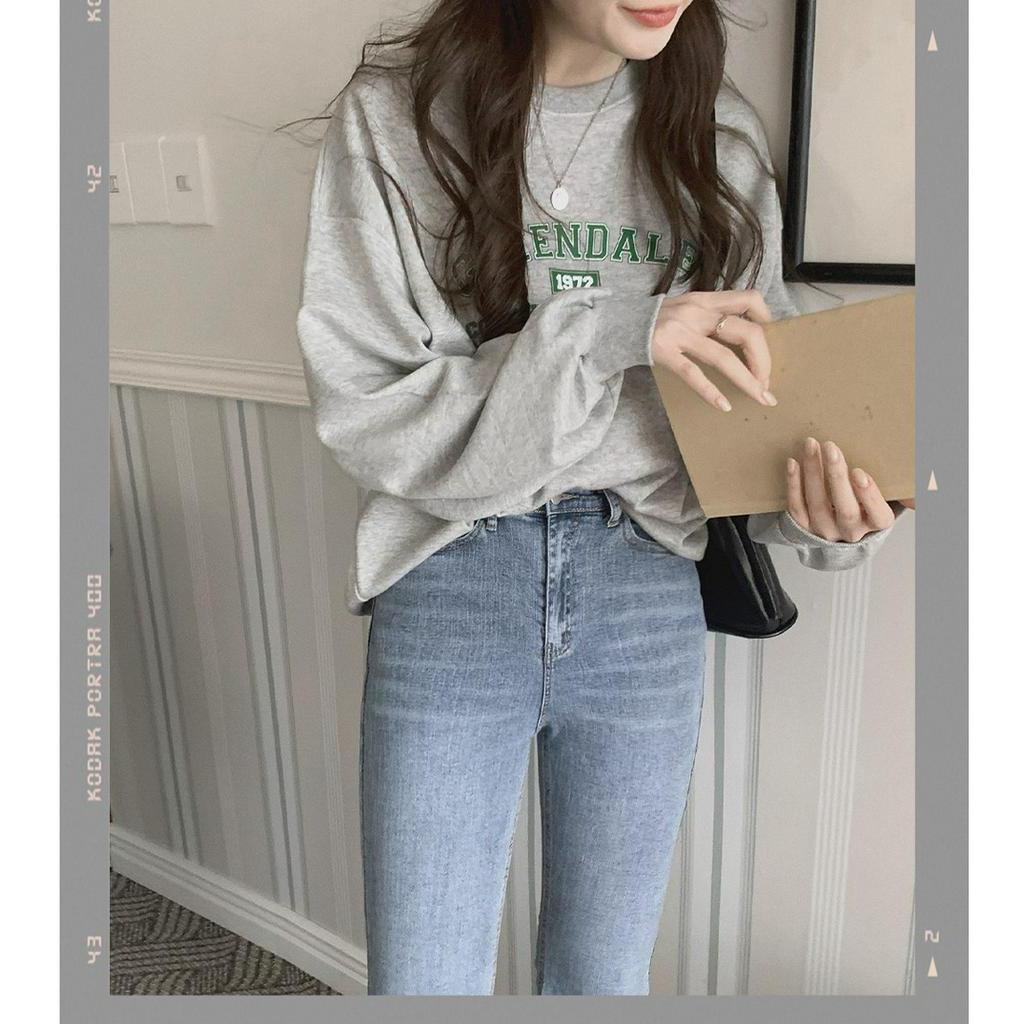 Áo nữ Peppermint 55186 tay dài cổ tròn in chữ cá tính thời trang retro kiểu Mỹ