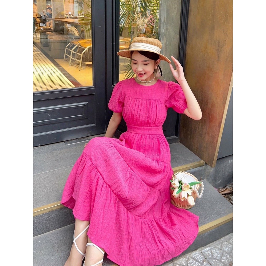 [HÀNG THIẾT KẾ CAO CẤP] Đầm Maxi Tay Phồng Xốp Nhún Phân Tầng Chit Eo Tôn Dáng Đi Biển / Công Sở Màu Trắng