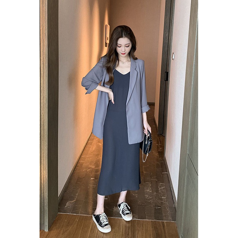 (ORDER) Set Áo Blazer mỏng nhẹ mùa hè thu+ Váy hai dây suông dài xẻ tà sang chảnh style Hàn Quốc (NEW ARRIVALS)