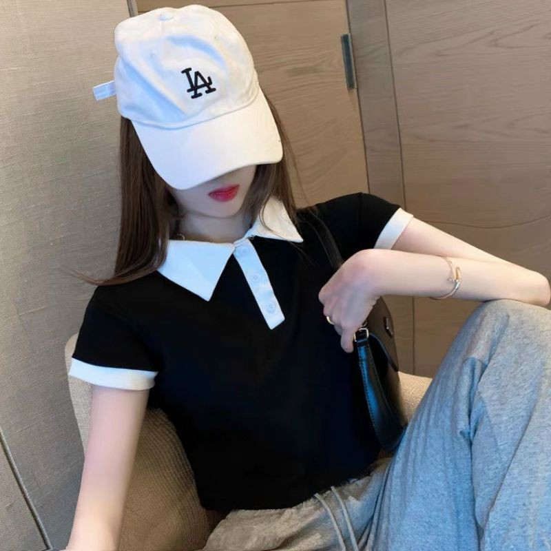 Áo croptop ôm - Áo thun polo phối viền trắng đen - AO053