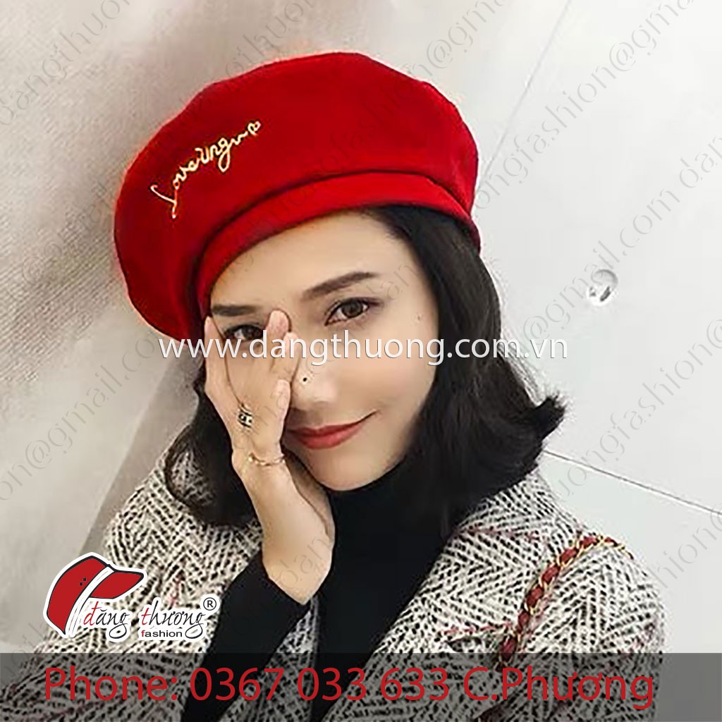 Mũ nồi Beret Nỉ Dạ Thời Trang thêu chỉ ánh kim vàng Loving &lt;3 ĐEN, XANH ĐEN, ĐỎ
