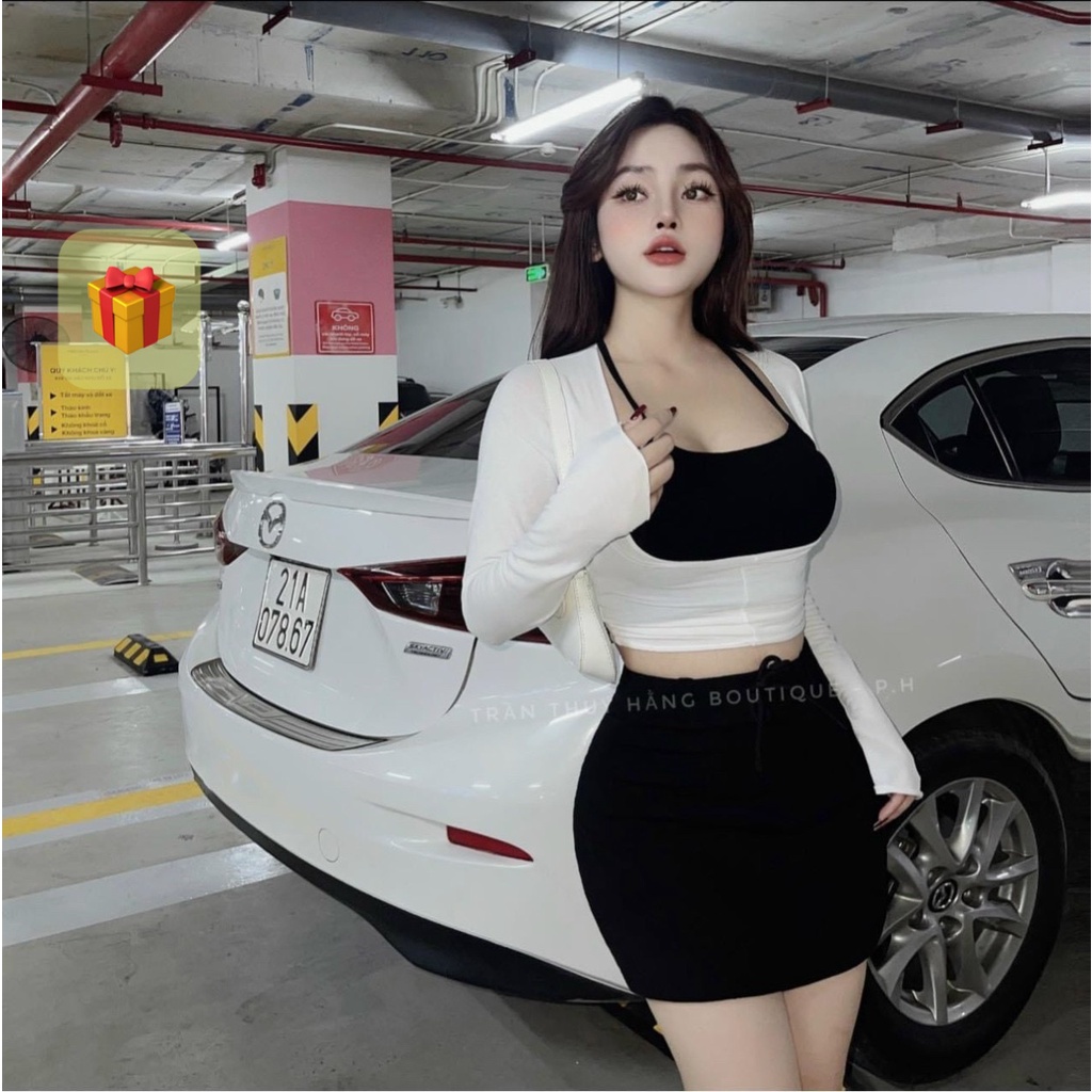 Sét 3 món áo yếm croptop phối áo tay dài dưới ngực kèm chân váy ngắn body cực xinh , chất thun gân mềm mịn
